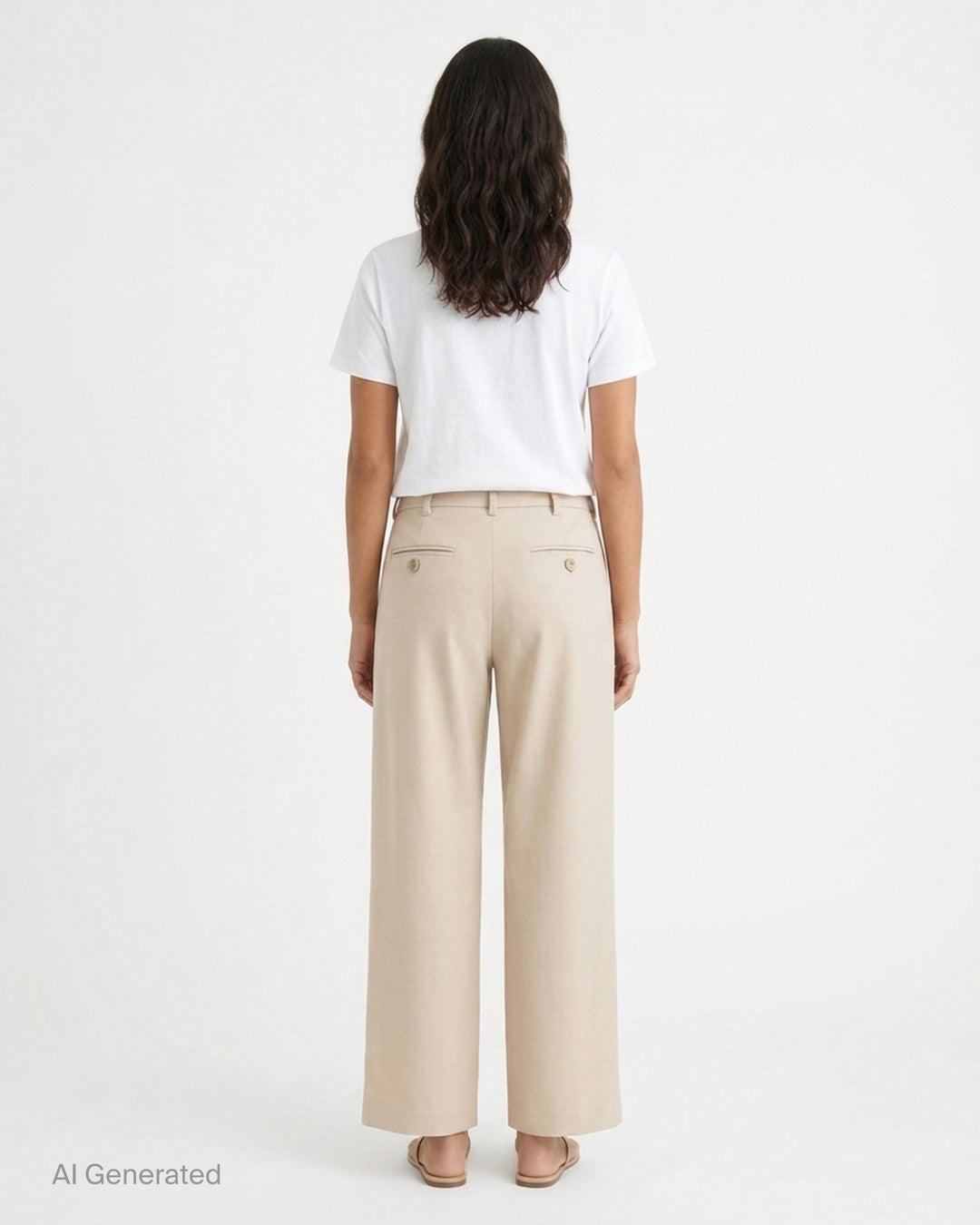 Small Talk Studio double pleat wide-leg trousers in a stone neutral tone, shown front-facing with tab waistband closure - back