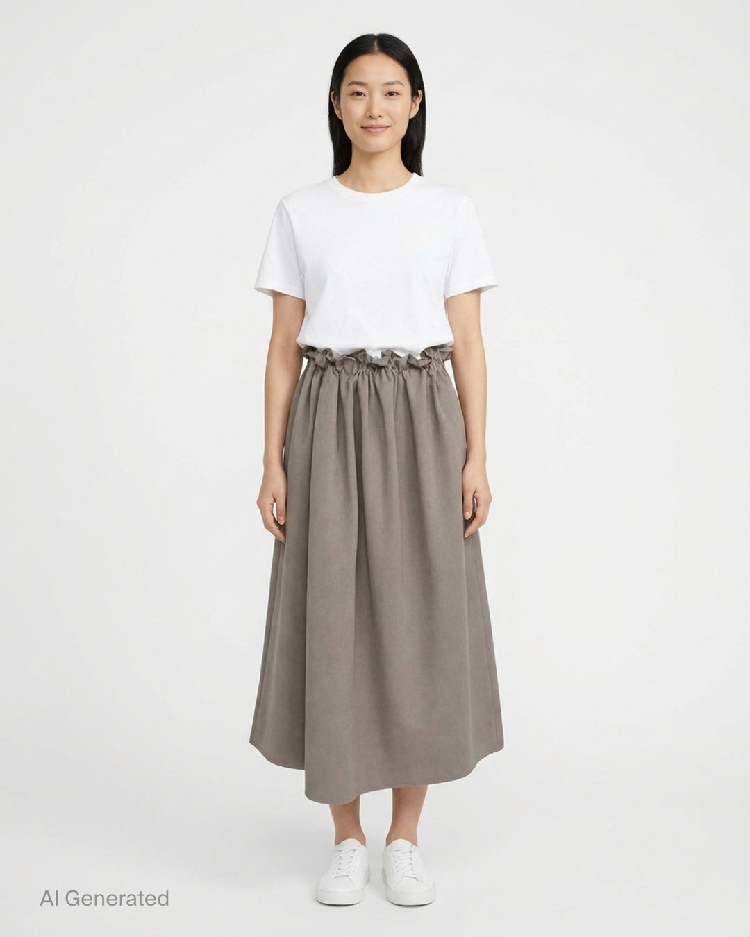Sofie D'Hoore taupe drawstring full skirt with ruffled gathered waist and flowing midi-length silhouette - front