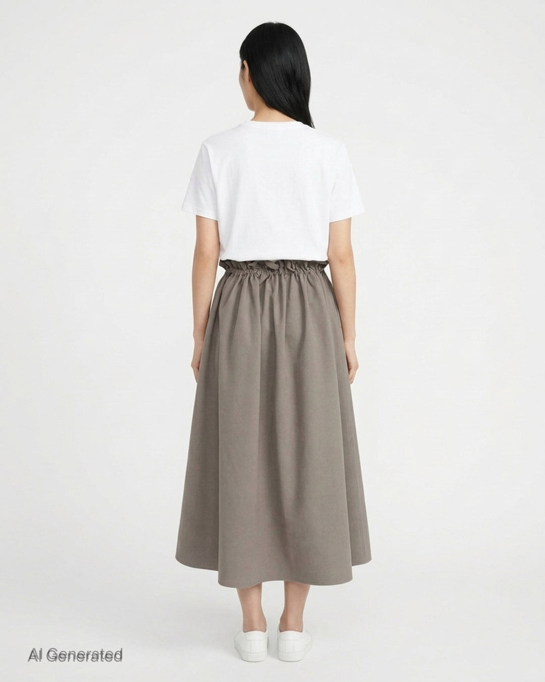 Sofie D'Hoore taupe drawstring full skirt with ruffled gathered waist and flowing midi-length silhouette - back