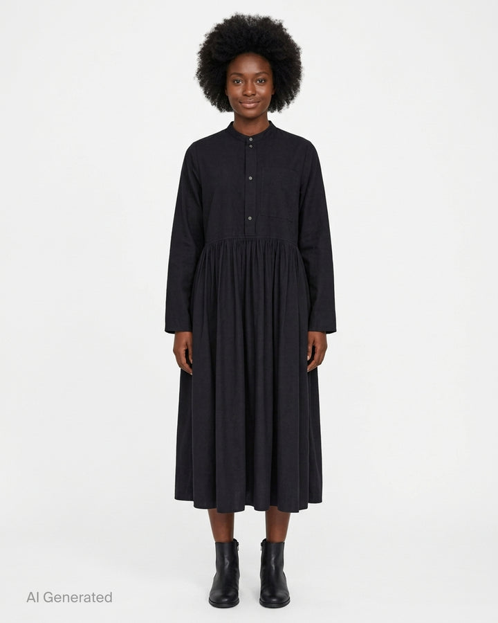 Sofie D'Hoore black long sleeve full length shirt dress with band collar, button placket, chest patch pocket and gathered skirt - front