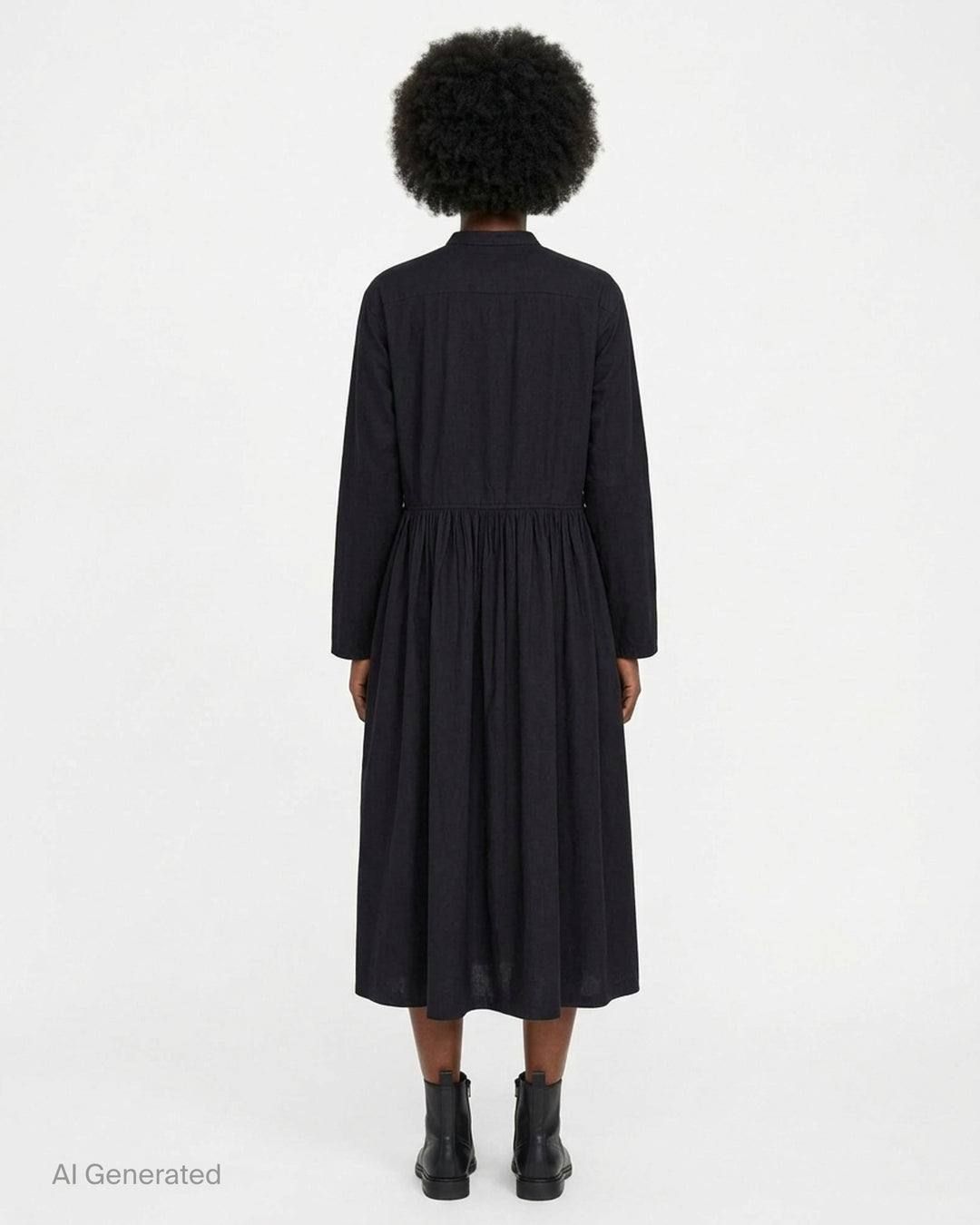 Sofie D'Hoore black long sleeve full length shirt dress with band collar, button placket, chest patch pocket and gathered skirt - back