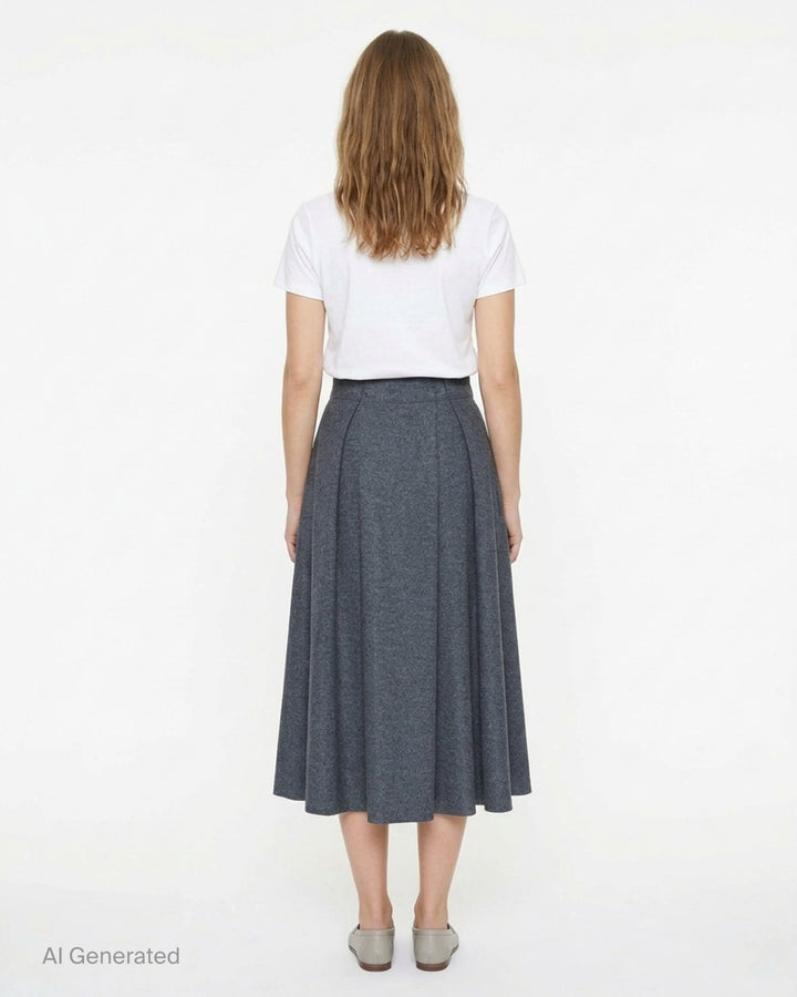 Sofie D'Hoore charcoal grey pleated midi skirt with a high waistband and flowing A-line silhouette, front view - back