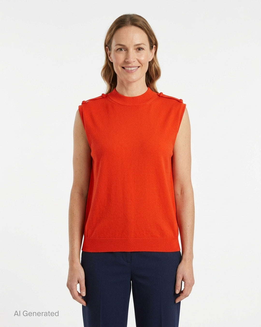 Sofie D'Hoore sleeveless crew neck knit top in bright red-orange with ribbed collar and knotted shoulder details, shown from the front - front