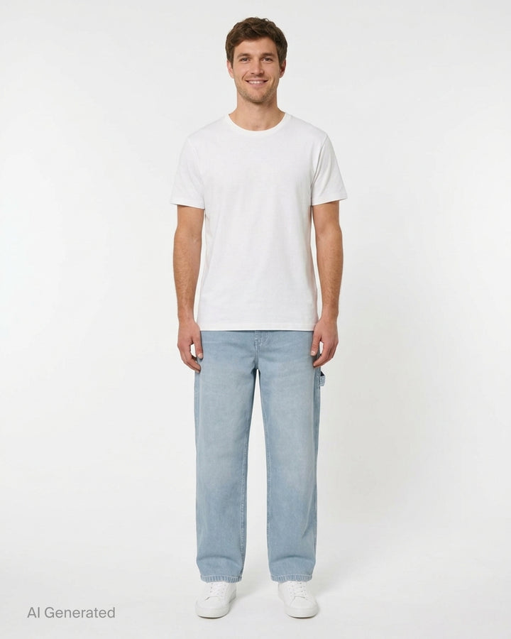 Solid Homme Straight Cut Washed Jeans in light blue stonewash denim, featuring a wide-leg silhouette, high-rise waist, and carpenter utility tab detail - front
