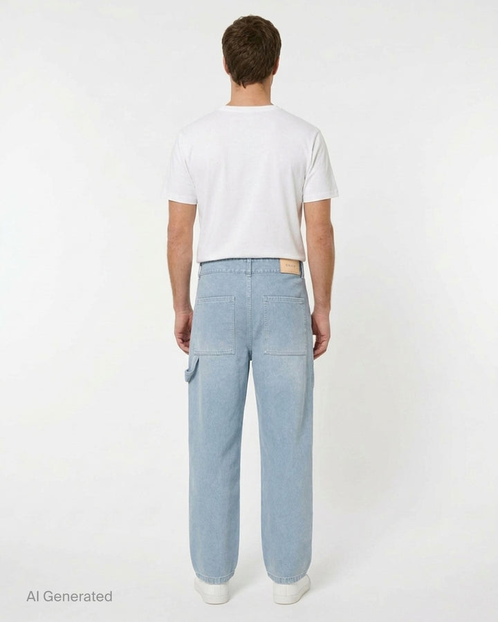 Solid Homme Straight Cut Washed Jeans in light blue stonewash denim, featuring a wide-leg silhouette, high-rise waist, and carpenter utility tab detail - back