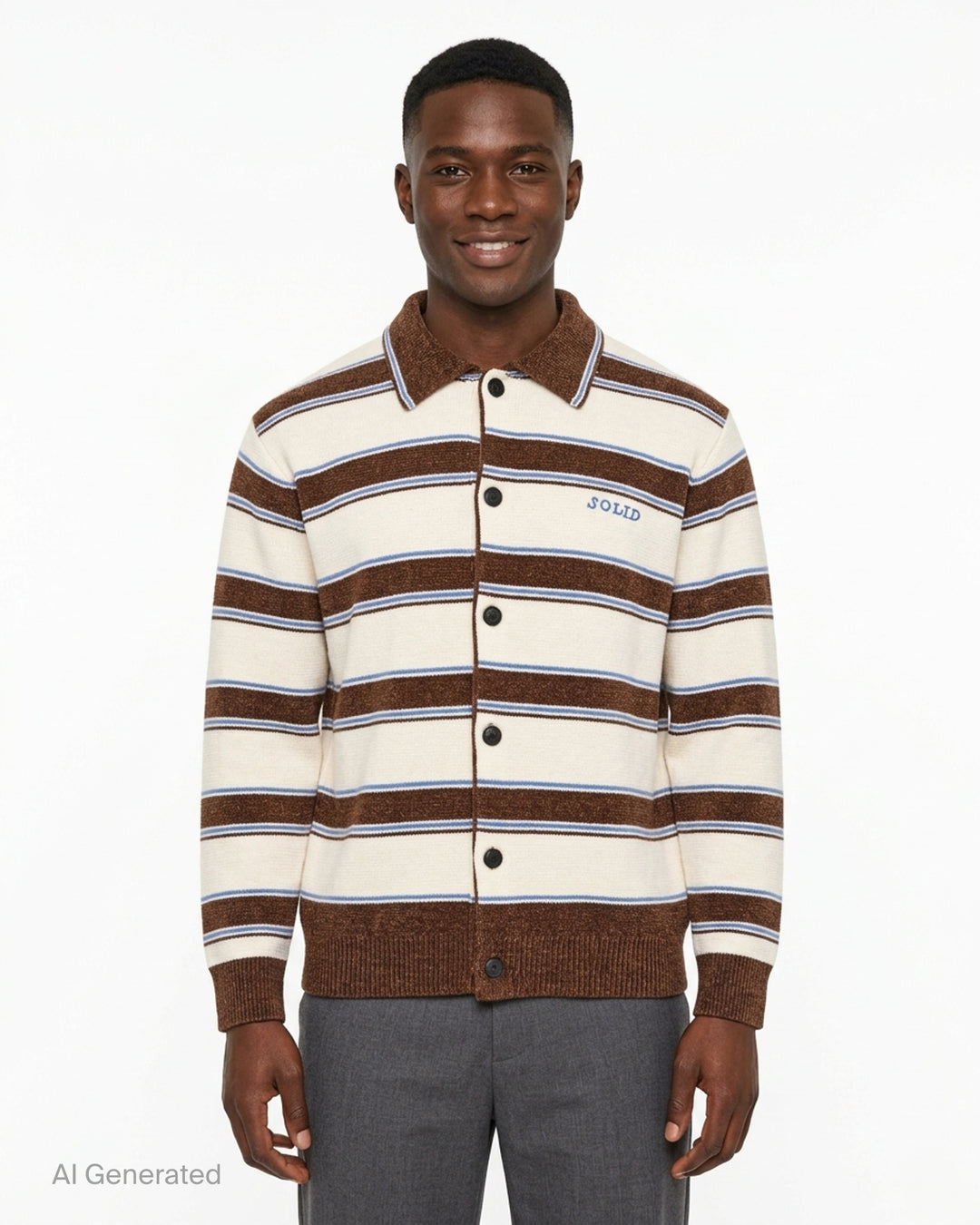 Solid Homme Stripe Collared Cardigan in cream, brown, and blue horizontal stripes with dark button-front closure, spread collar, and ribbed cuffs and hem - front