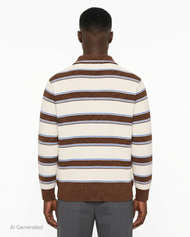 Solid Homme Stripe Collared Cardigan in cream, brown, and blue horizontal stripes with dark button-front closure, spread collar, and ribbed cuffs and hem - back