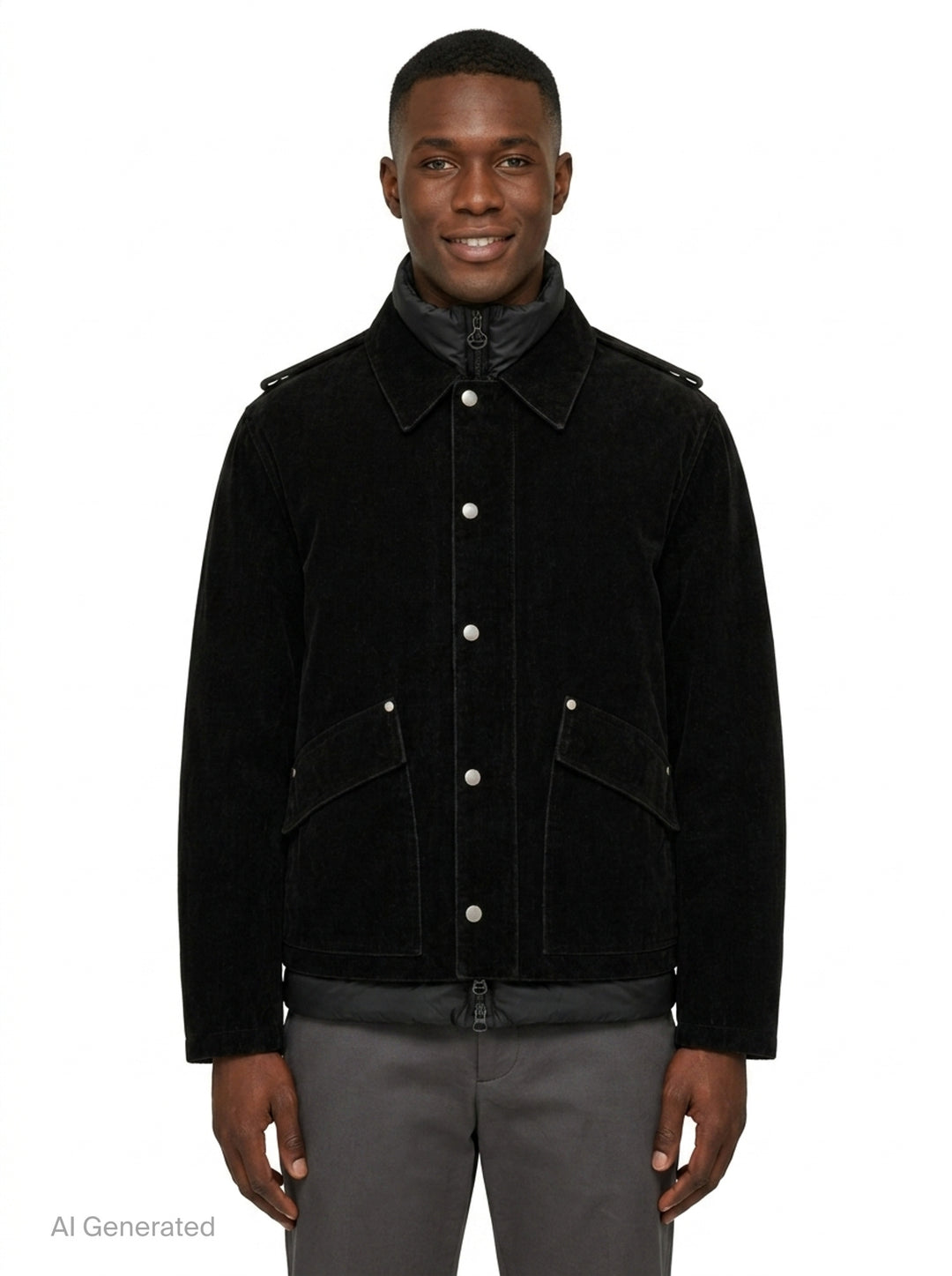 Solid Homme black velvet jacket with snap-button front closure, integrated quilted nylon inner puffer vest, epaulette shoulders, and dual flap pockets — front view on white background - front