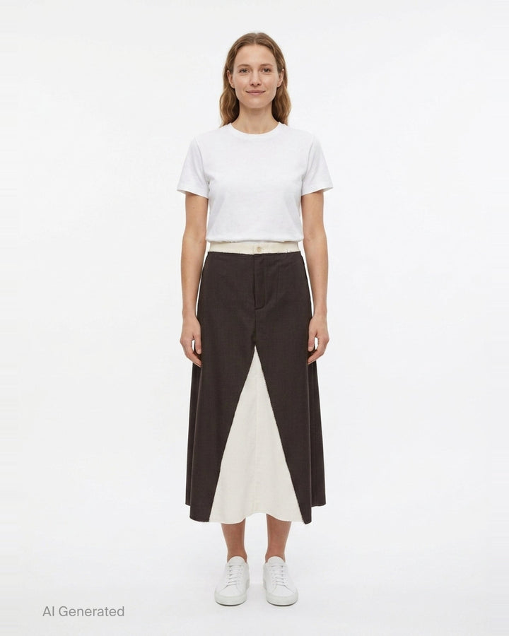 Sonia Carrasco contrast panel tailored midi skirt in dark brown houndstooth with ivory raw-edge inset panel and frayed waistband, front view on white background - front