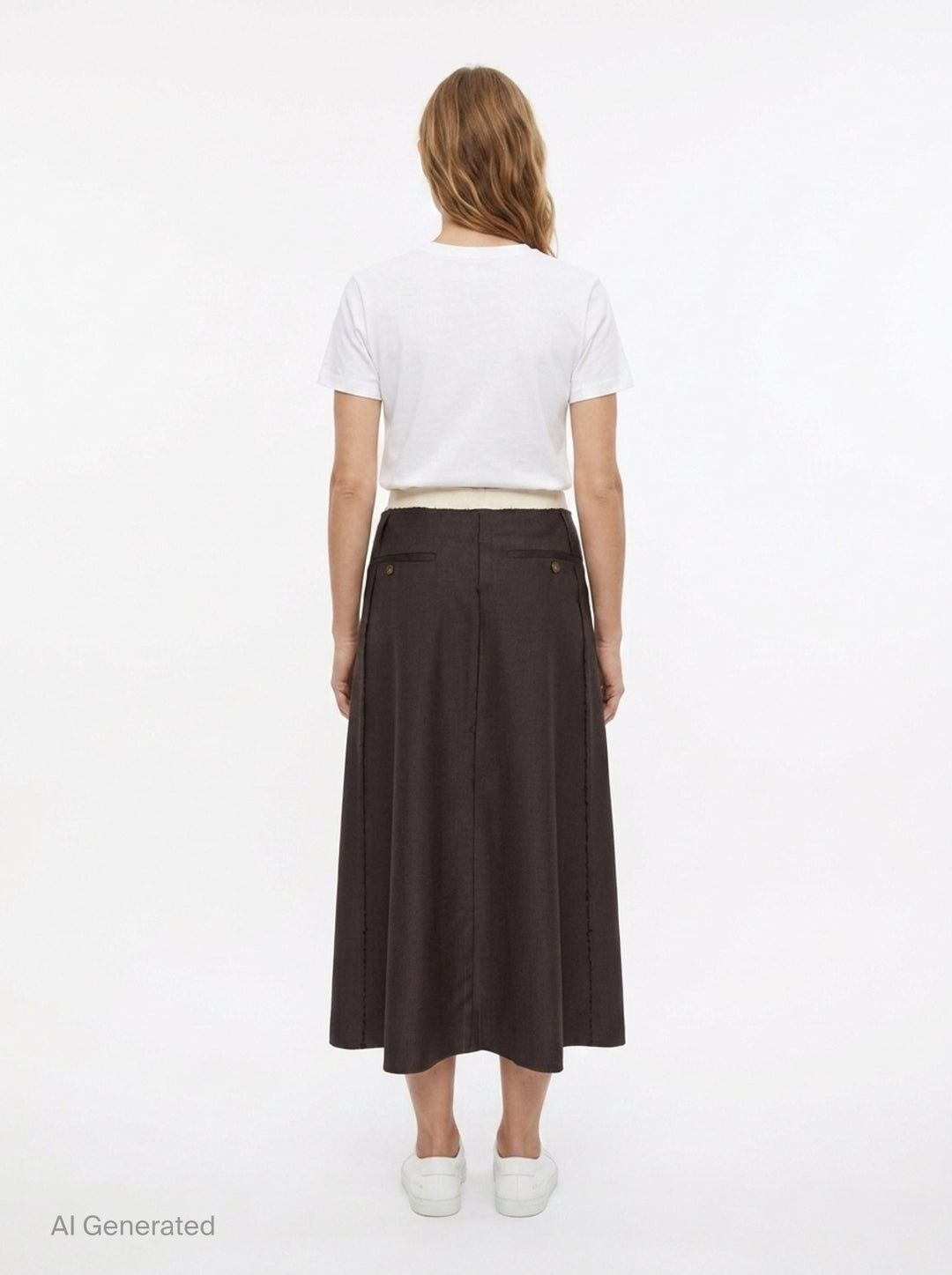 Sonia Carrasco contrast panel tailored midi skirt in dark brown houndstooth with ivory raw-edge inset panel and frayed waistband, front view on white background - back