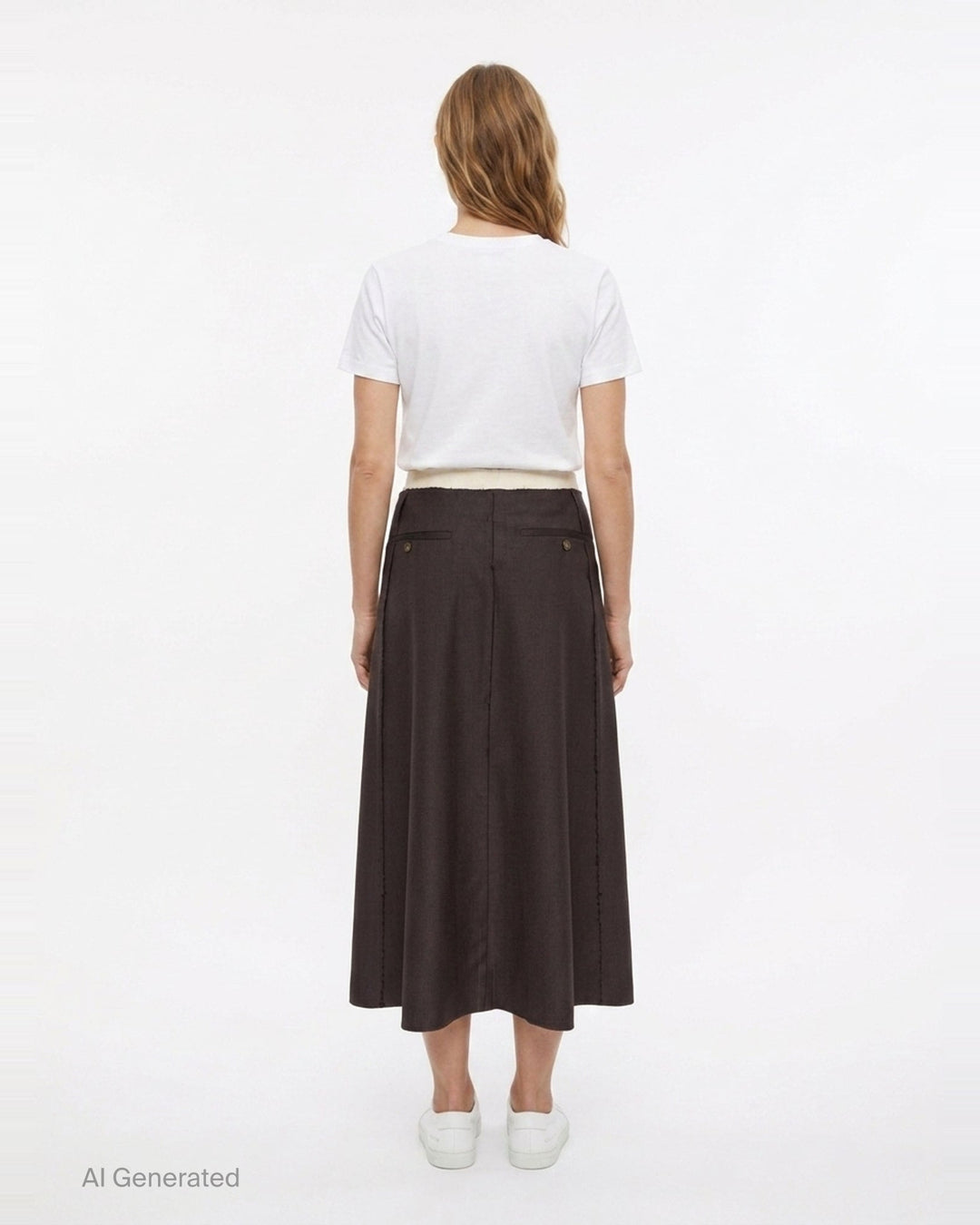 Sonia Carrasco contrast panel tailored midi skirt in dark brown houndstooth with ivory raw-edge inset panel and frayed waistband, front view on white background - back