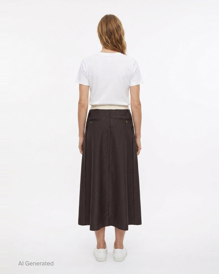 Sonia Carrasco contrast panel tailored midi skirt in dark brown houndstooth with ivory raw-edge inset panel and frayed waistband, front view on white background - back