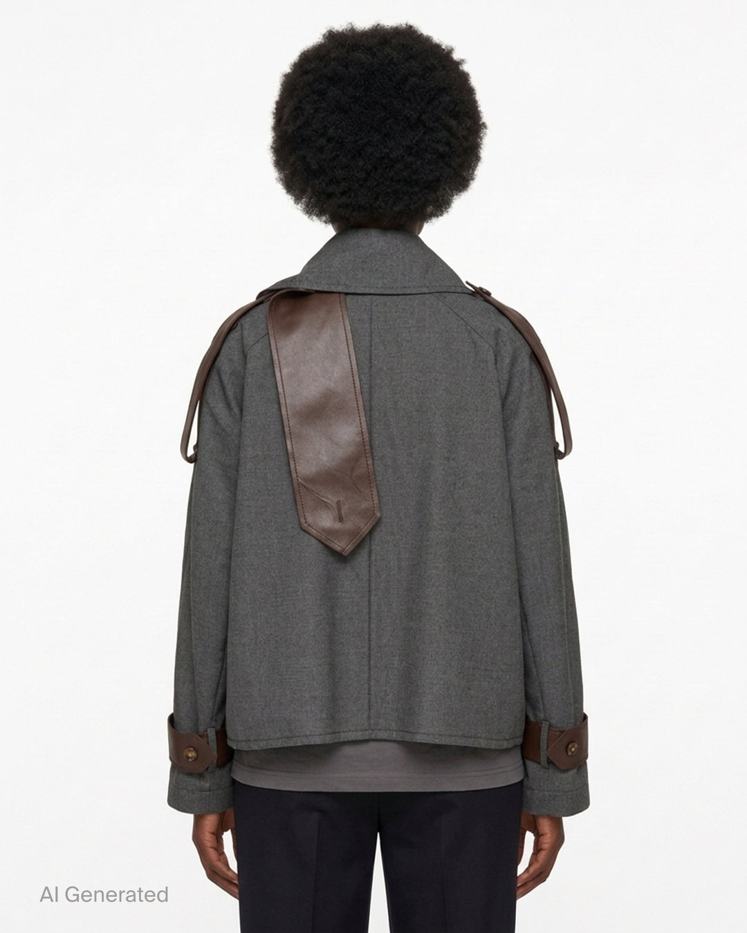 Sonia Carrasco cropped grey trench jacket with oversized pointed collar, button front and brown leather-look straps at the shoulders and cuffs - back