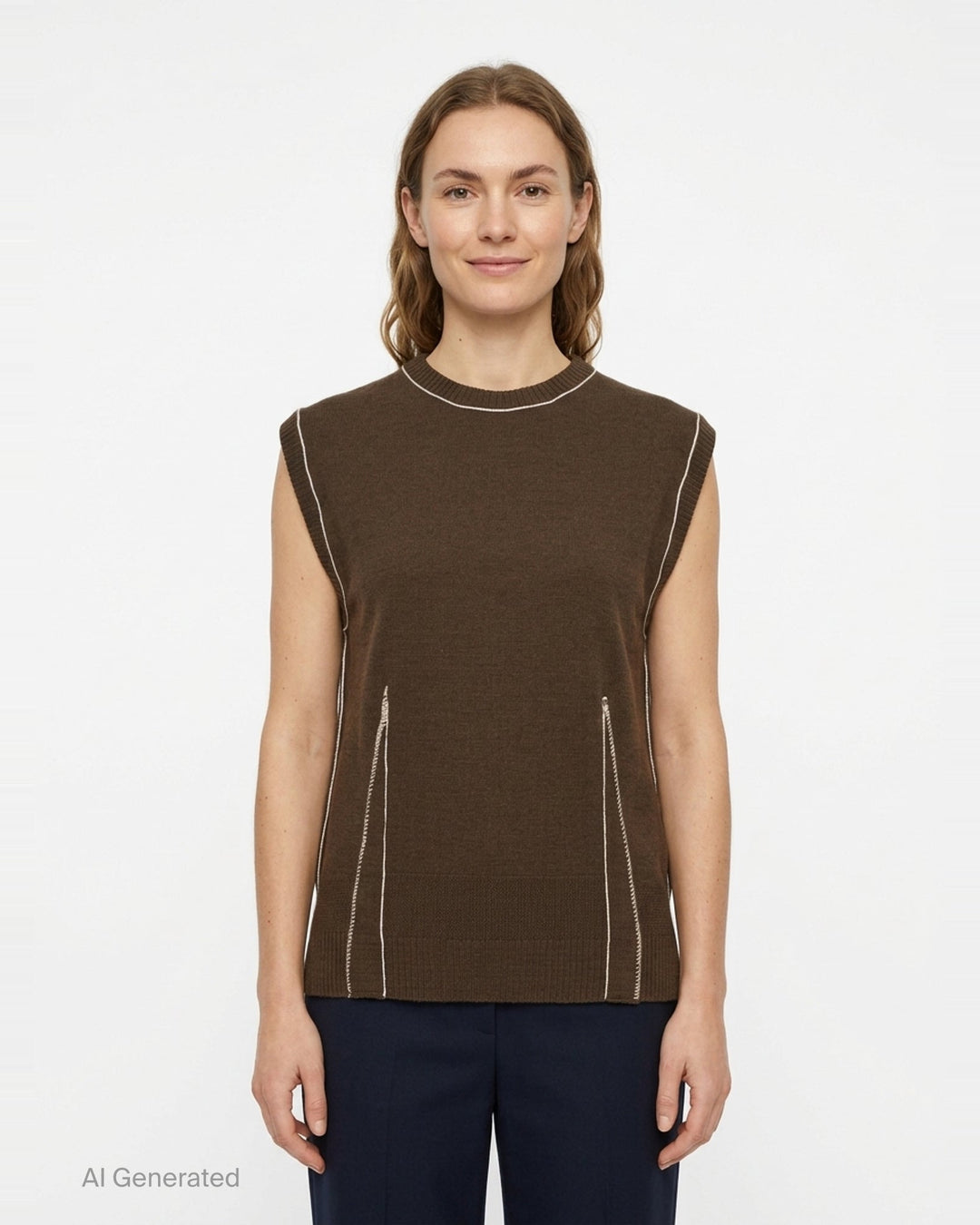 Sonia Carrasco Fitting Knit Vest in chocolate brown with cream contrast topstitching along the neckline, armholes, and diagonal pocket openings, photographed flat on a white background - front