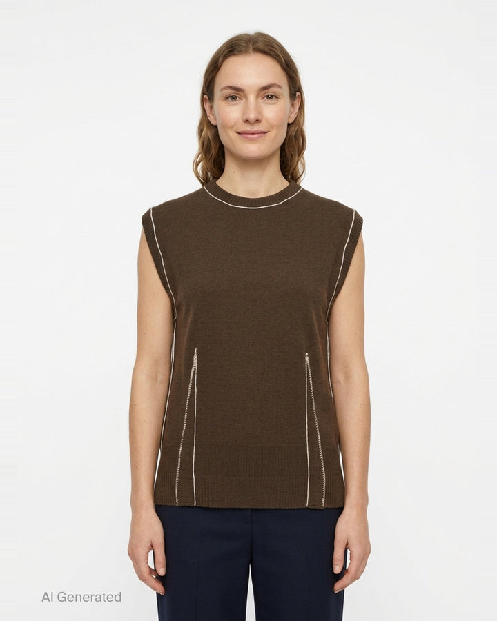 Sonia Carrasco Fitting Knit Vest in chocolate brown with cream contrast topstitching along the neckline, armholes, and diagonal pocket openings, photographed flat on a white background - front