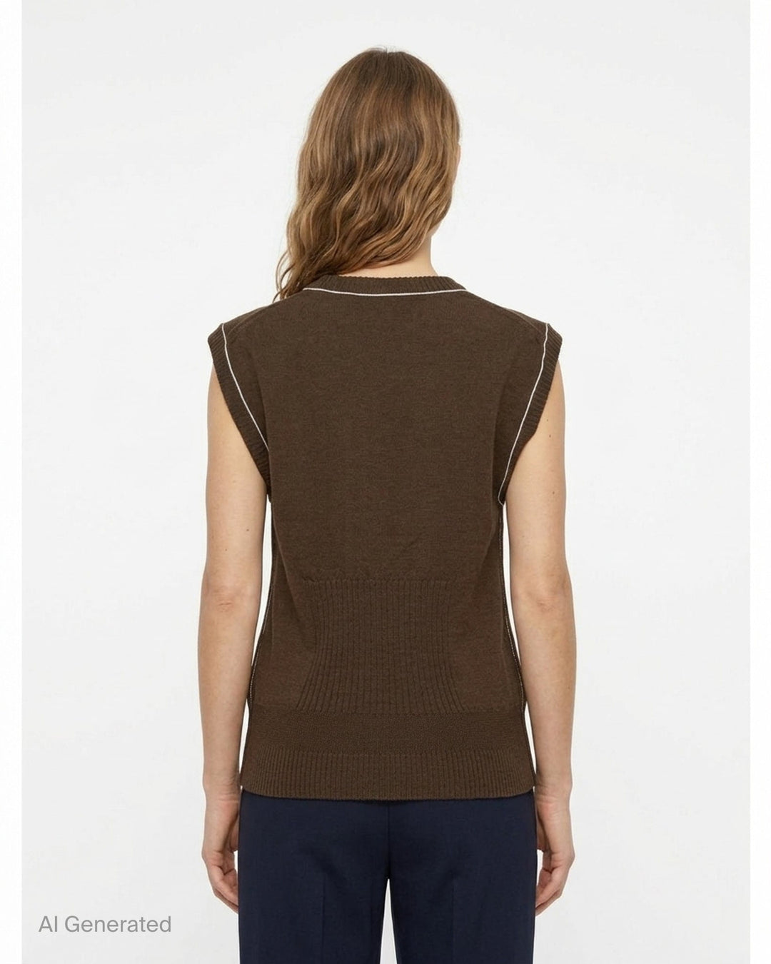 Sonia Carrasco Fitting Knit Vest in chocolate brown with cream contrast topstitching along the neckline, armholes, and diagonal pocket openings, photographed flat on a white background - back