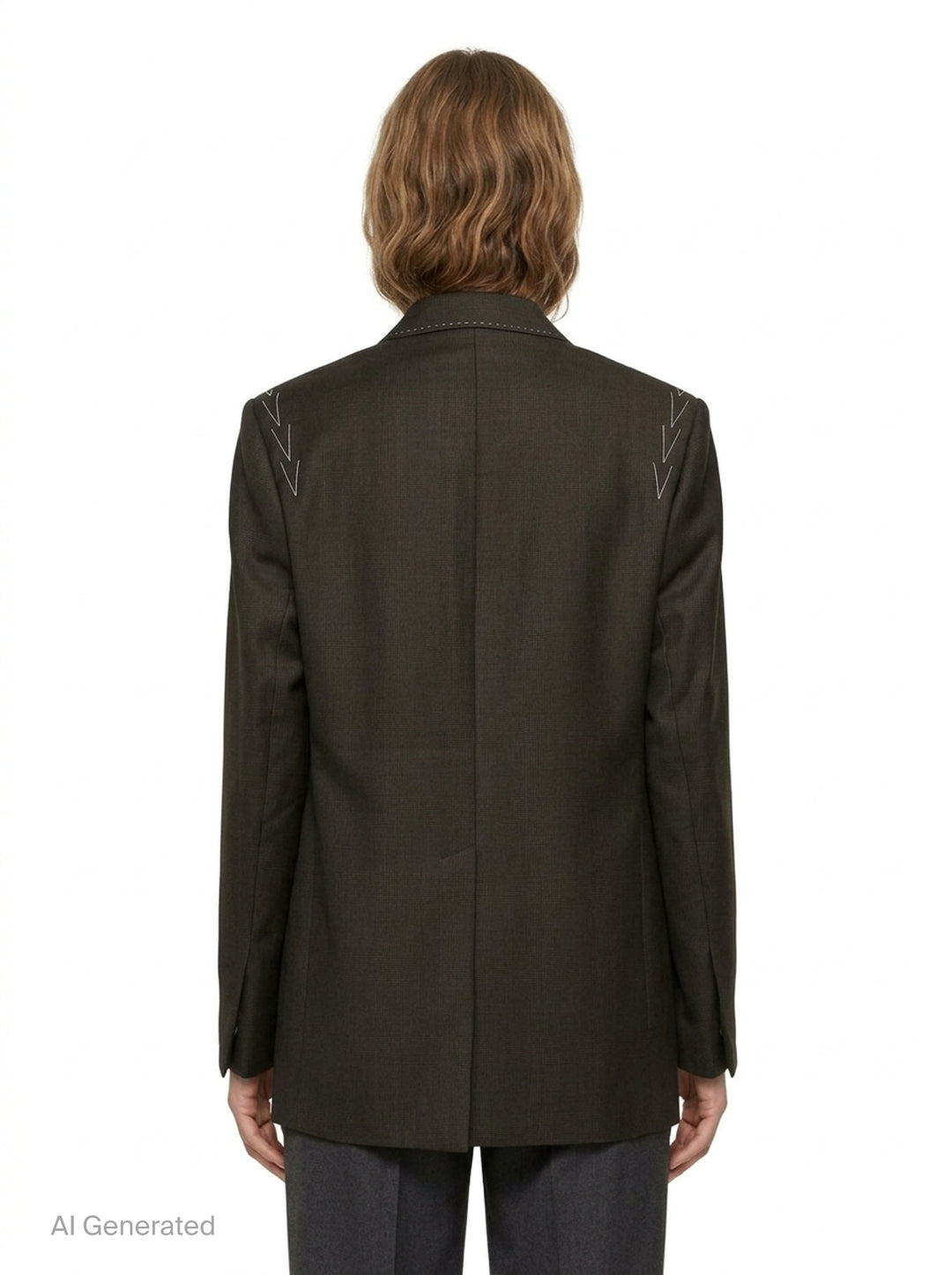 Sonia Carrasco Fundamental Blazer in dark tonal check fabric with white contrast topstitching along lapels and seams, arrow embroidery at shoulders, three antique brass buttons, and patch pockets at hem - back