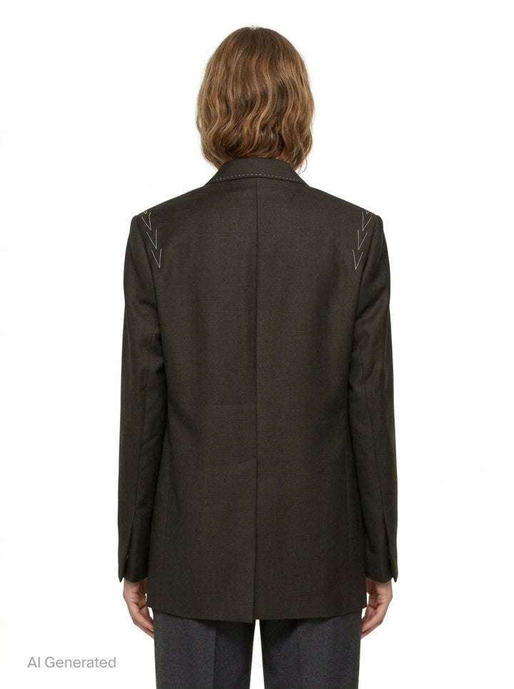 Sonia Carrasco Fundamental Blazer in dark tonal check fabric with white contrast topstitching along lapels and seams, arrow embroidery at shoulders, three antique brass buttons, and patch pockets at hem - back
