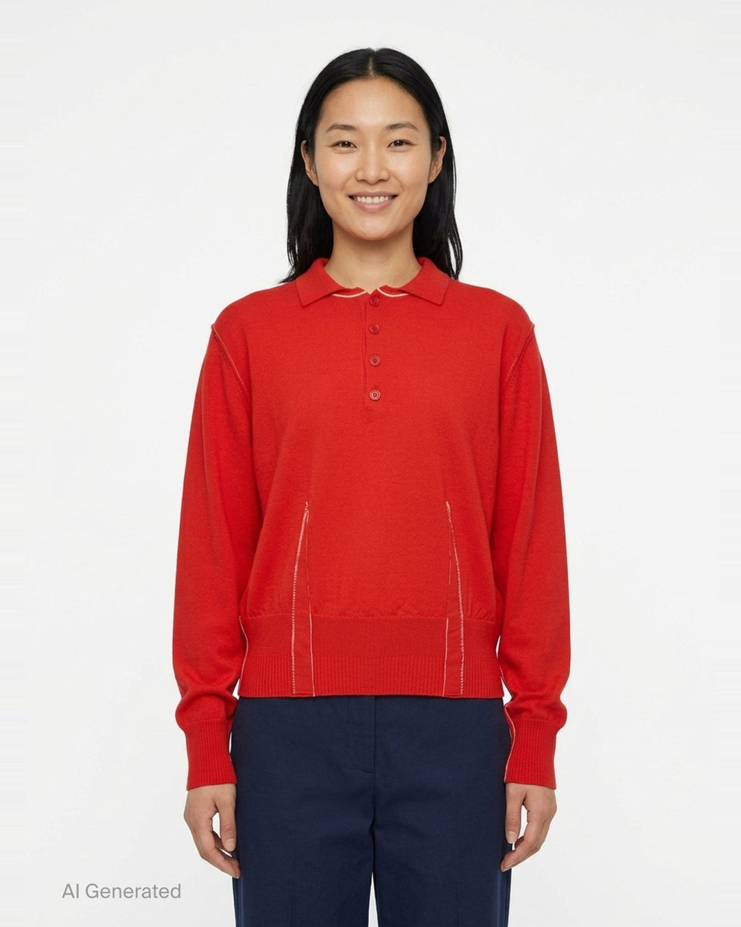 Sonia Carrasco red long sleeve knit polo sweater with contrast cream topstitching, three-button placket, polo collar, and ribbed hem and cuffs - front