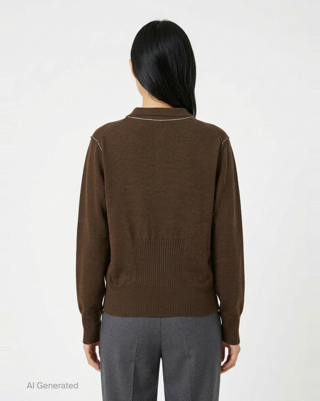 Sonia Carrasco Knit Polo Sweater in dark chocolate brown with contrast white overlock stitching along the seams, polo collar, four-button placket, and diagonal front pockets - back