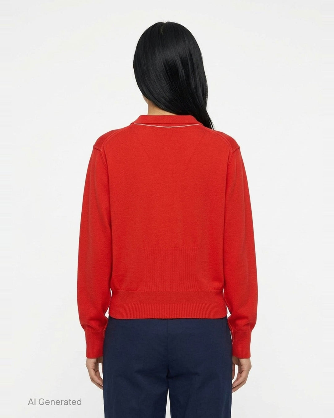 Sonia Carrasco red long sleeve knit polo sweater with contrast cream topstitching, three-button placket, polo collar, and ribbed hem and cuffs - back