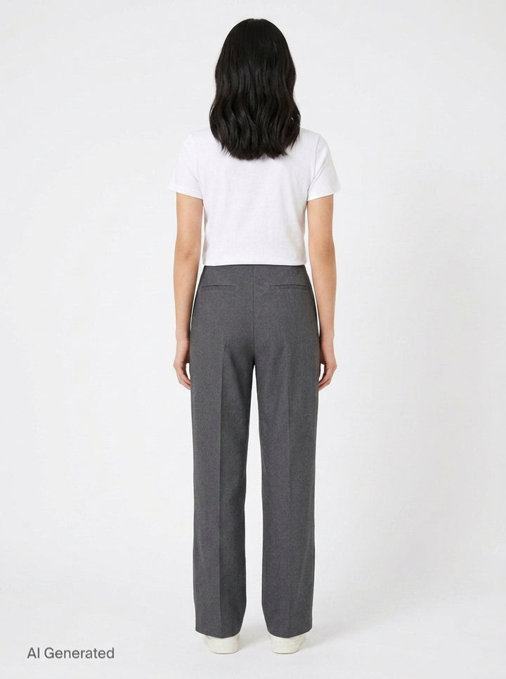 Sonia Carrasco Pleated Drawstring Trousers in heathered charcoal grey, featuring a wide-leg silhouette, front pleats, and a contrast cream drawstring bow at the elasticated waist - back