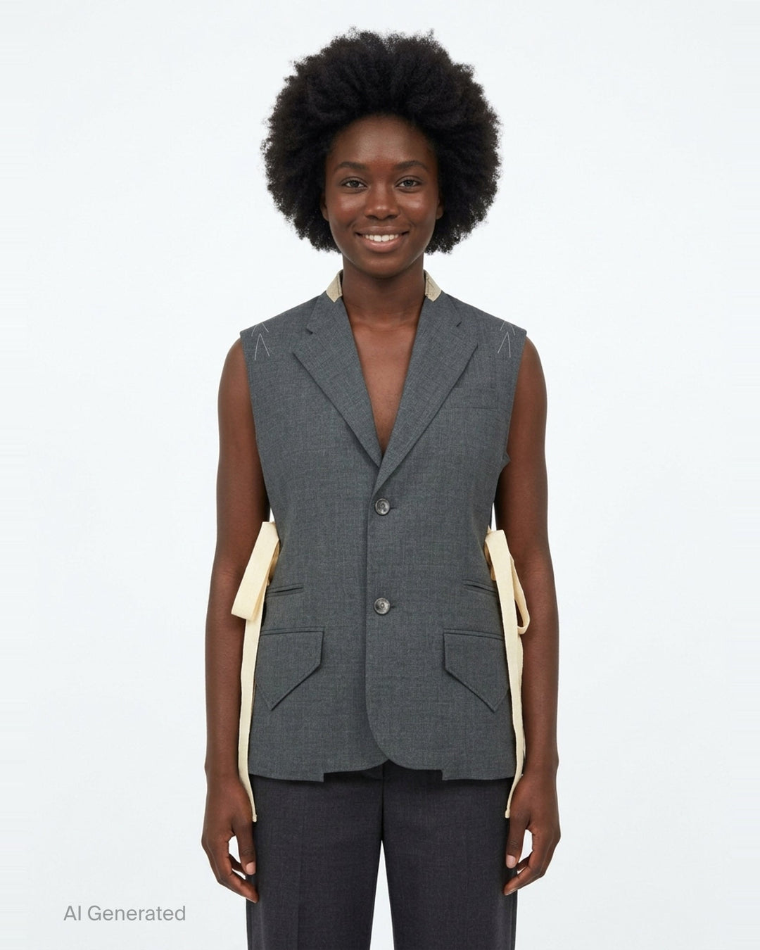 Sonia Carrasco Side Cut Blazer Vest in charcoal grey with open side panels revealing cream canvas interfacing and ribbon trim, notched lapel, and two-button front closure - front