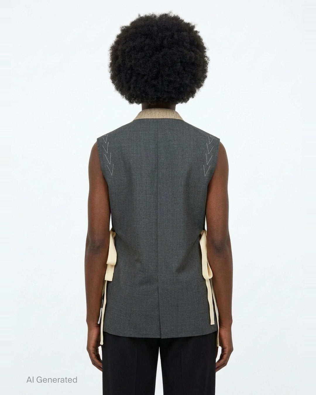 Sonia Carrasco Side Cut Blazer Vest in charcoal grey with open side panels revealing cream canvas interfacing and ribbon trim, notched lapel, and two-button front closure - back