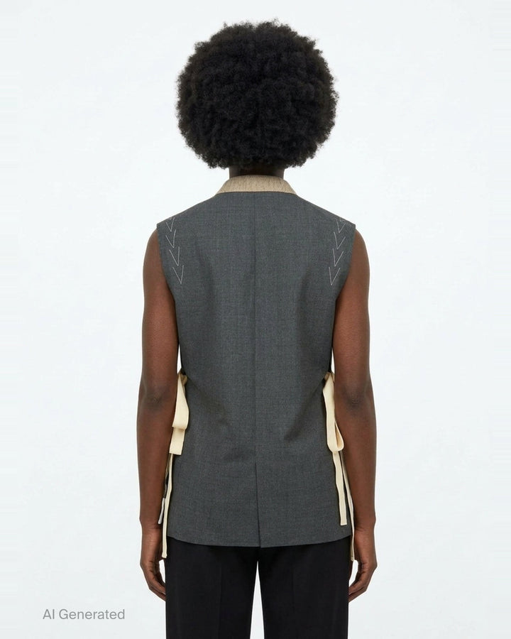 Sonia Carrasco Side Cut Blazer Vest in charcoal grey with open side panels revealing cream canvas interfacing and ribbon trim, notched lapel, and two-button front closure - back