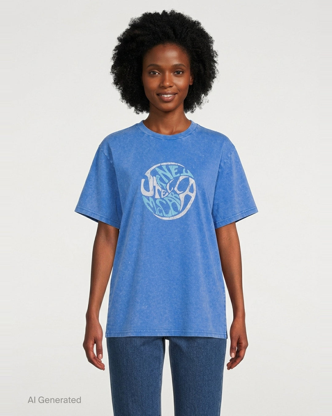 Stella McCartney Abbey Road Boyfriend Tee in acid-washed cobalt blue with a circular psychedelic logo graphic in white and aqua, crew neckline and short sleeves, front view on white background - front