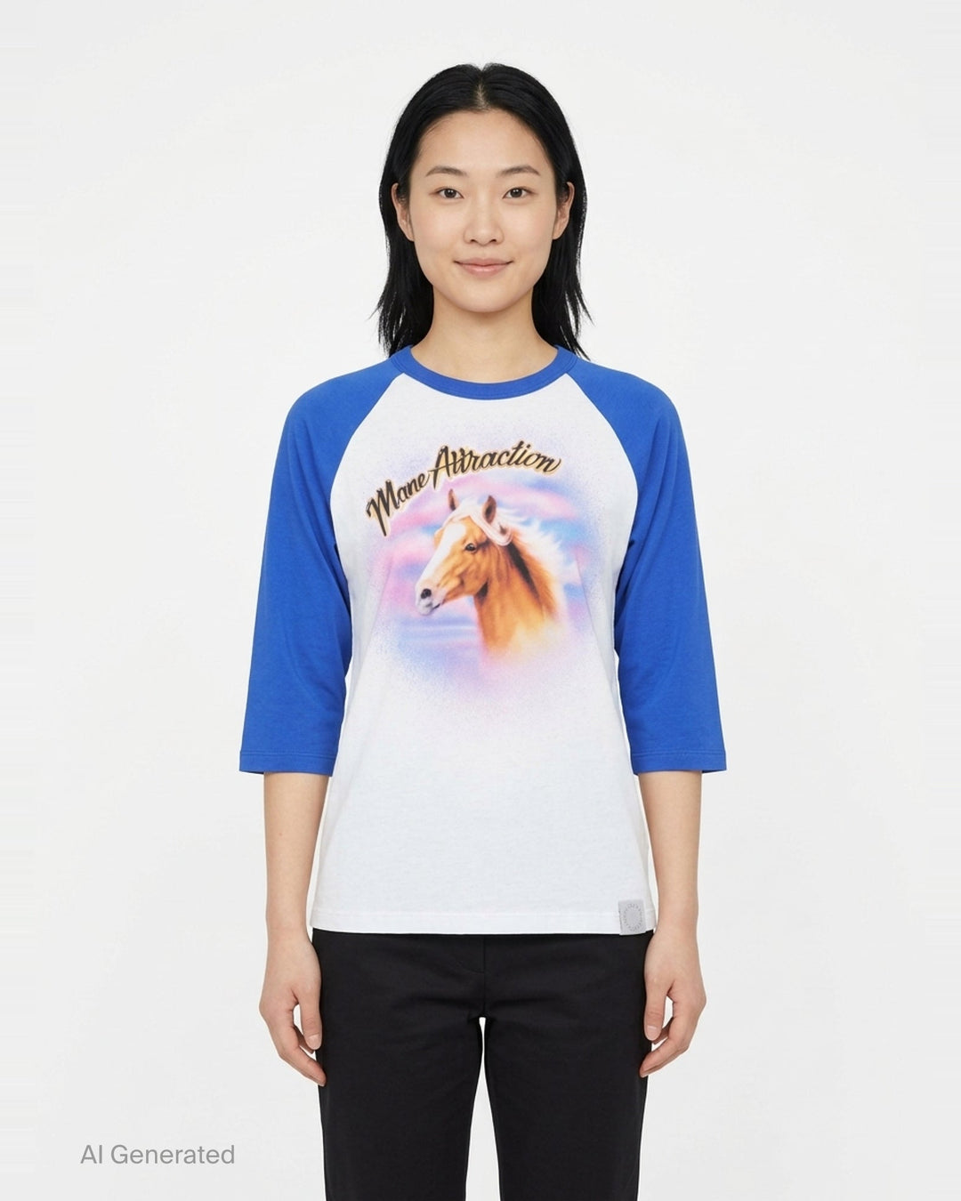 Stella McCartney Airbrush Horse Print Baseball Tee with 'Mane Attraction' script graphic on a white body and royal blue raglan three-quarter sleeves, shown flat on a white background - front