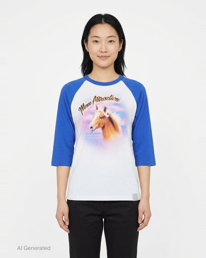 Stella McCartney Airbrush Horse Print Baseball Tee with 'Mane Attraction' script graphic on a white body and royal blue raglan three-quarter sleeves, shown flat on a white background - front