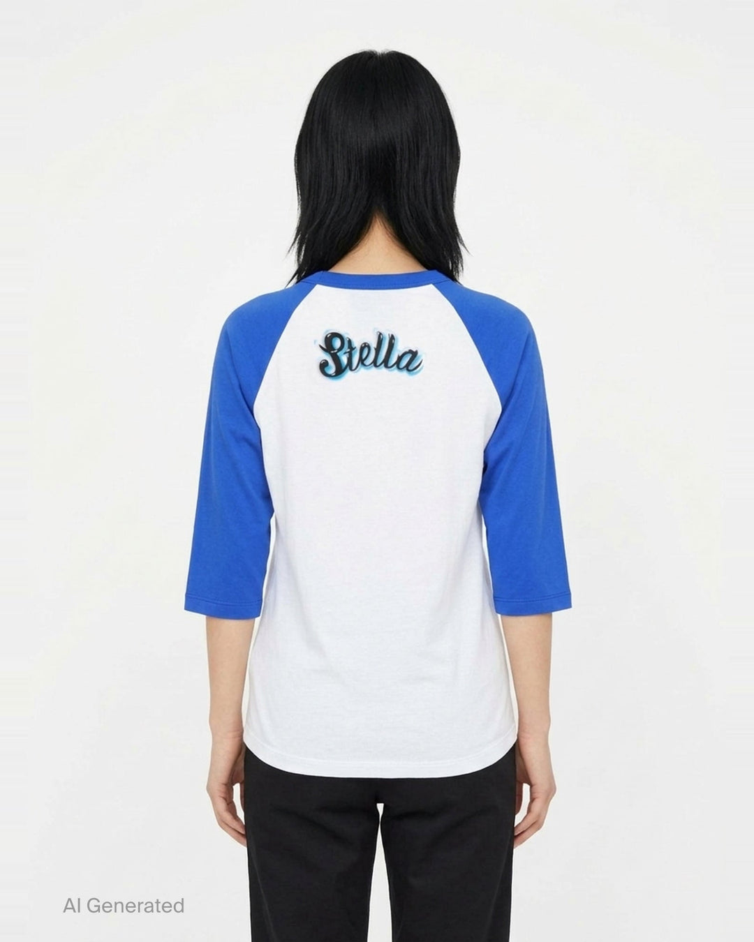Stella McCartney Airbrush Horse Print Baseball Tee with 'Mane Attraction' script graphic on a white body and royal blue raglan three-quarter sleeves, shown flat on a white background - back