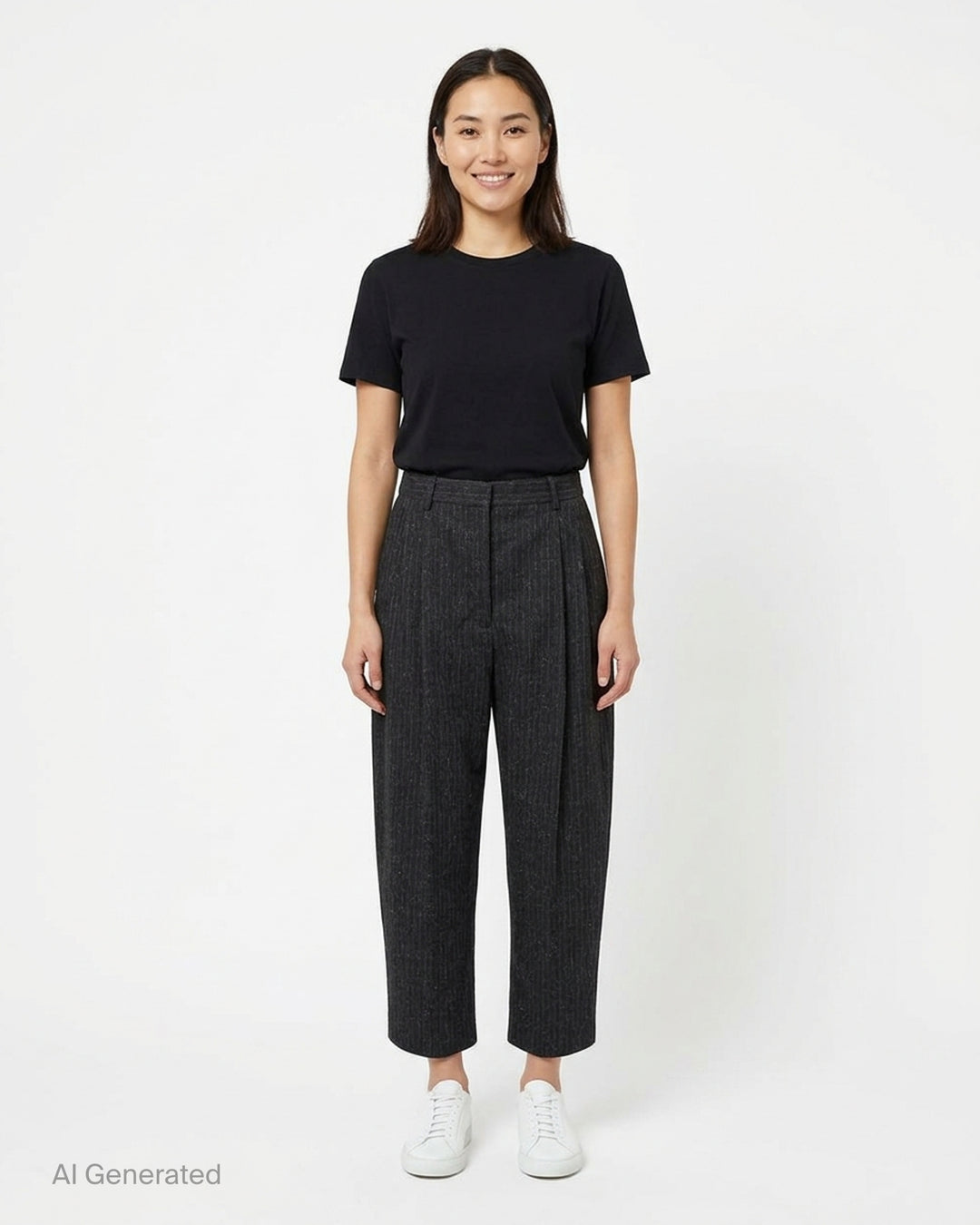 Stella McCartney Balloon Tapered Cropped Pants in dark metallic pinstripe, featuring a high waist, forward pleats, and a sculpted balloon silhouette tapering to a cropped hem - front