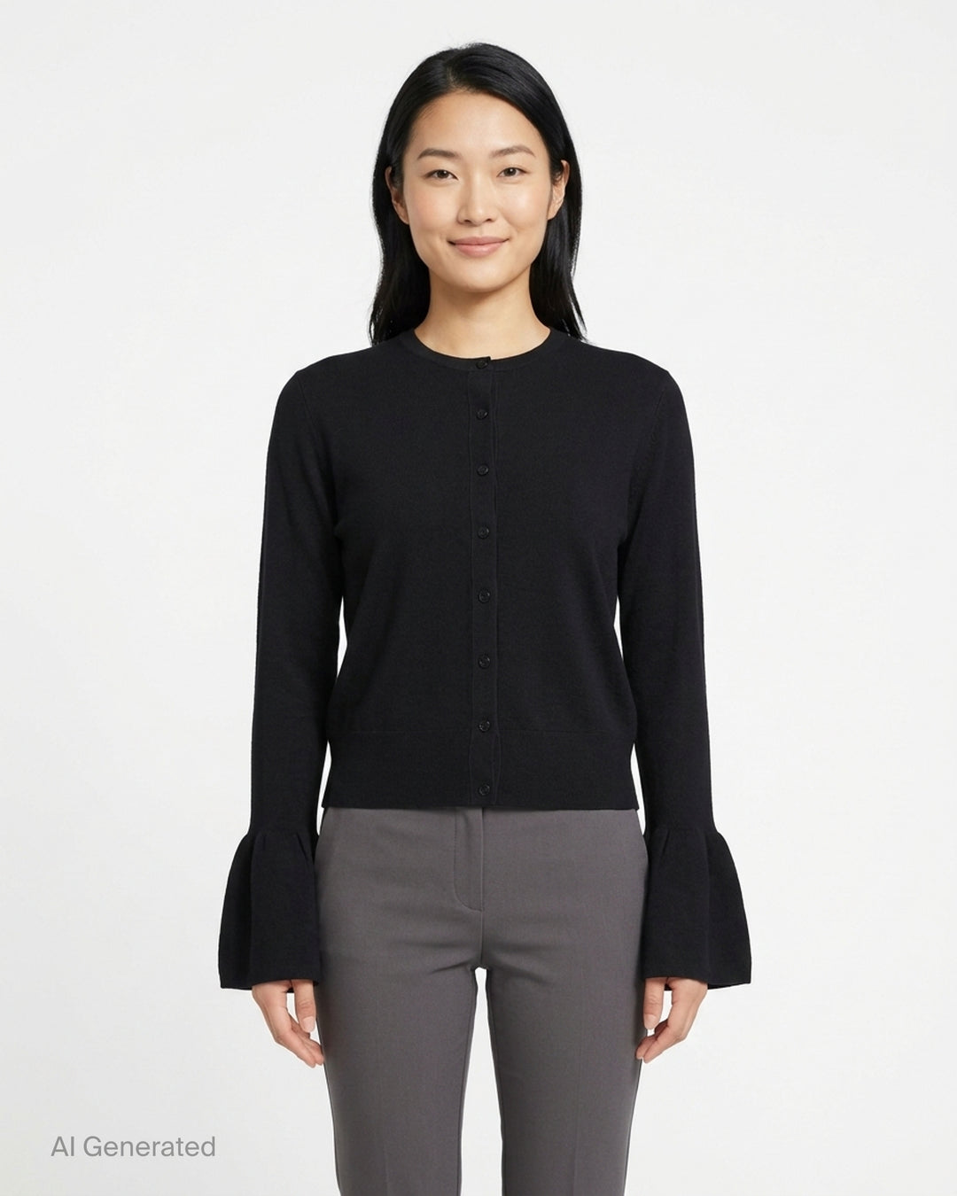 Stella McCartney red compact knit button-front cardigan with dramatic fluted bell sleeves and tonal dark red buttons - front