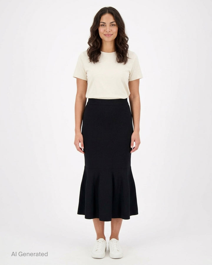 Stella McCartney Compact Knit Flared Midi Skirt in black, featuring a fitted silhouette with a wide waistband and a dramatic flounced hem panel, photographed flat on a white background - front