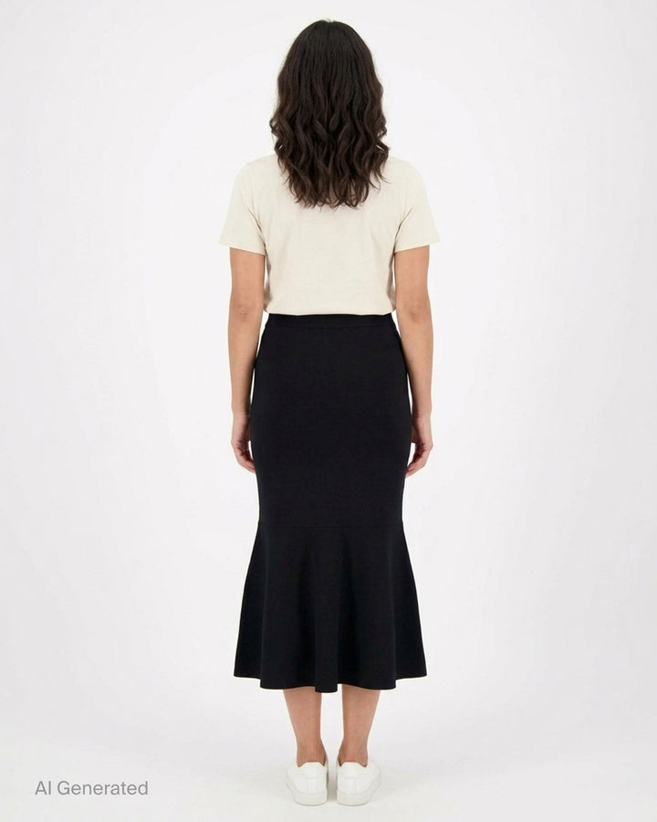 Stella McCartney Compact Knit Flared Midi Skirt in black, featuring a fitted silhouette with a wide waistband and a dramatic flounced hem panel, photographed flat on a white background - back