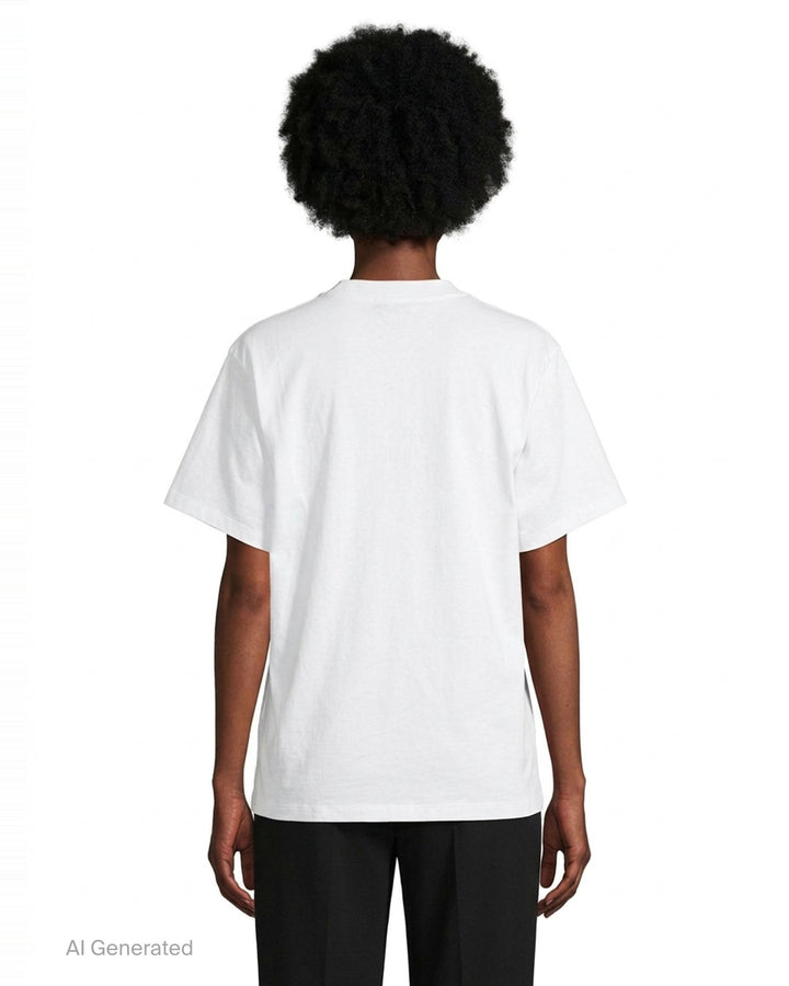 Stella McCartney white boyfriend T-shirt with a multicolour crochet heart appliqué at the chest and tonal logo print, shown flat on a white background - back