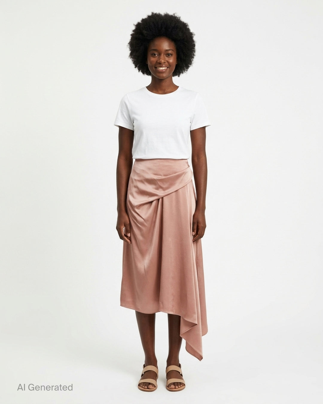 Stella McCartney blush rose draped satin asymmetric midi skirt with gathered ruched waist and waterfall hem - front