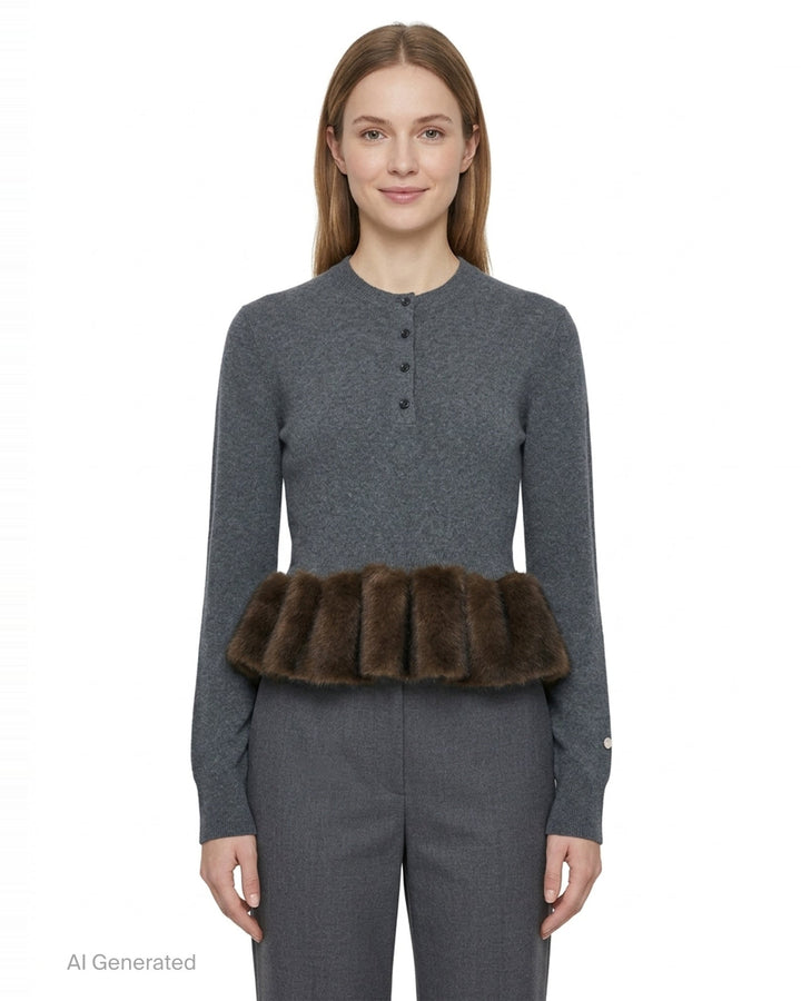 Stella McCartney grey wool crew neck jumper with Fur-Free-Fur™ ruffled peplum hem trim, Henley button placket, and long sleeves - front