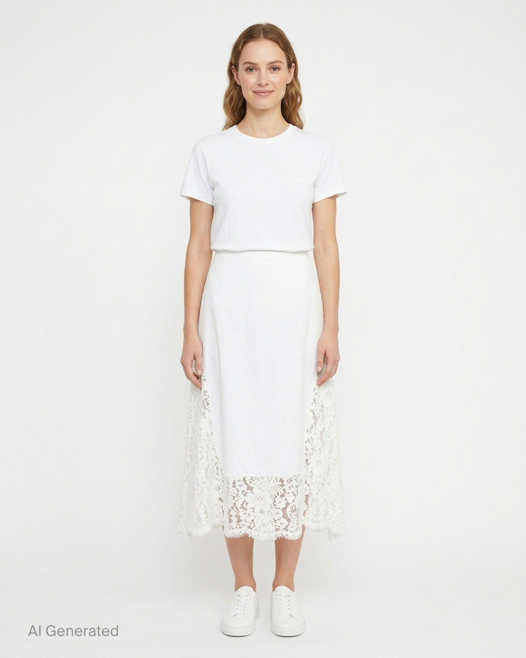 Stella McCartney white midi skirt with floral lace side panels and scalloped hem, displayed flat on white background - front
