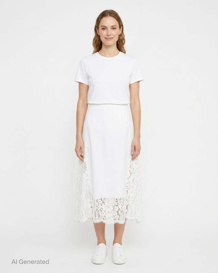 Stella McCartney white midi skirt with floral lace side panels and scalloped hem, displayed flat on white background - front