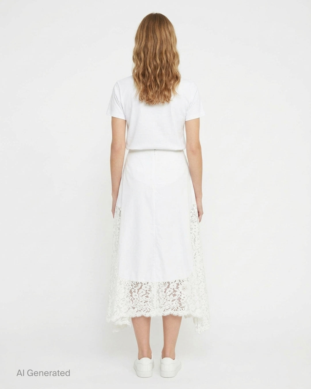 Stella McCartney white midi skirt with floral lace side panels and scalloped hem, displayed flat on white background - back