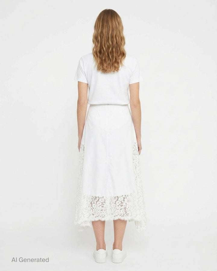 Stella McCartney white midi skirt with floral lace side panels and scalloped hem, displayed flat on white background - back