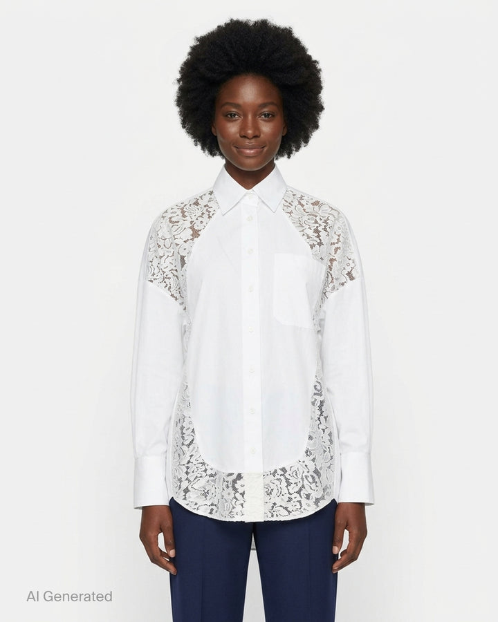 Stella McCartney white cotton poplin shirt with sheer floral lace panels at the shoulders, sides, and hem, featuring a pointed collar and mother-of-pearl button fastening - front