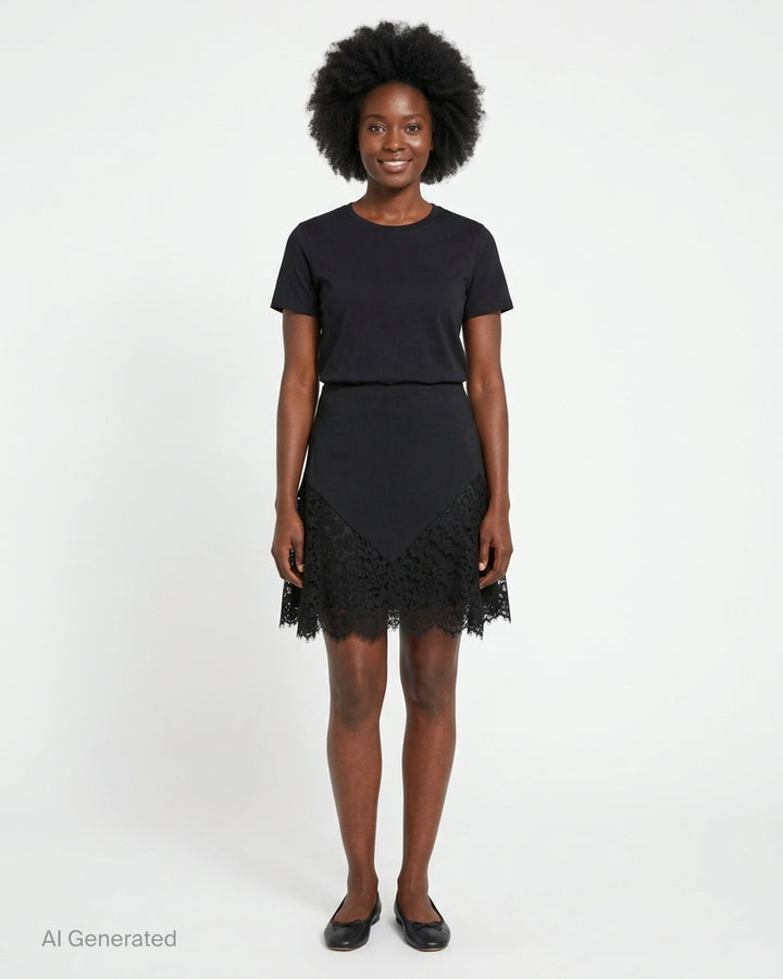 Stella McCartney black mini skirt with diagonal floral lace panel inserts and scalloped lace hem, displayed flat on a white background - front