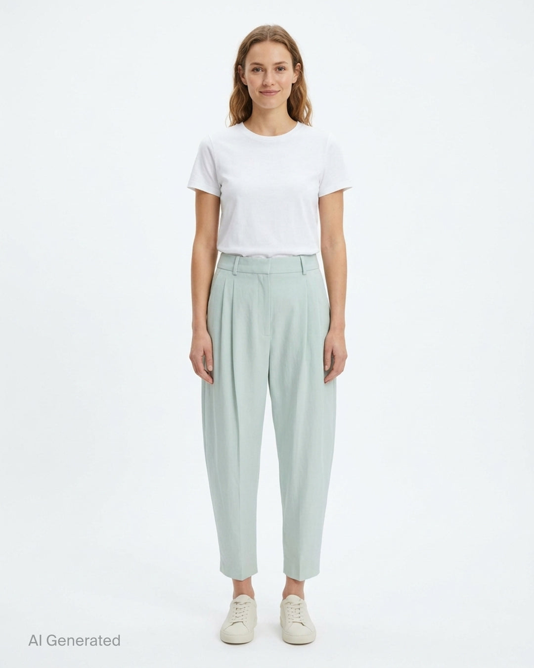 Stella McCartney mid rise balloon tailored pants in pale mint with double front pleats, belt loops, and a tapered cropped leg - front