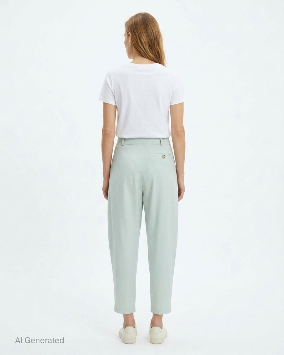 Stella McCartney mid rise balloon tailored pants in pale mint with double front pleats, belt loops, and a tapered cropped leg - back