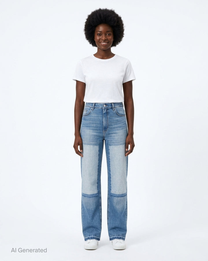 Stella McCartney Patchwork Straight Jeans in medium blue wash, featuring contrast lighter-wash denim panels at the thighs, high-rise waist, wide-leg silhouette, and raw-edge frayed hems - front