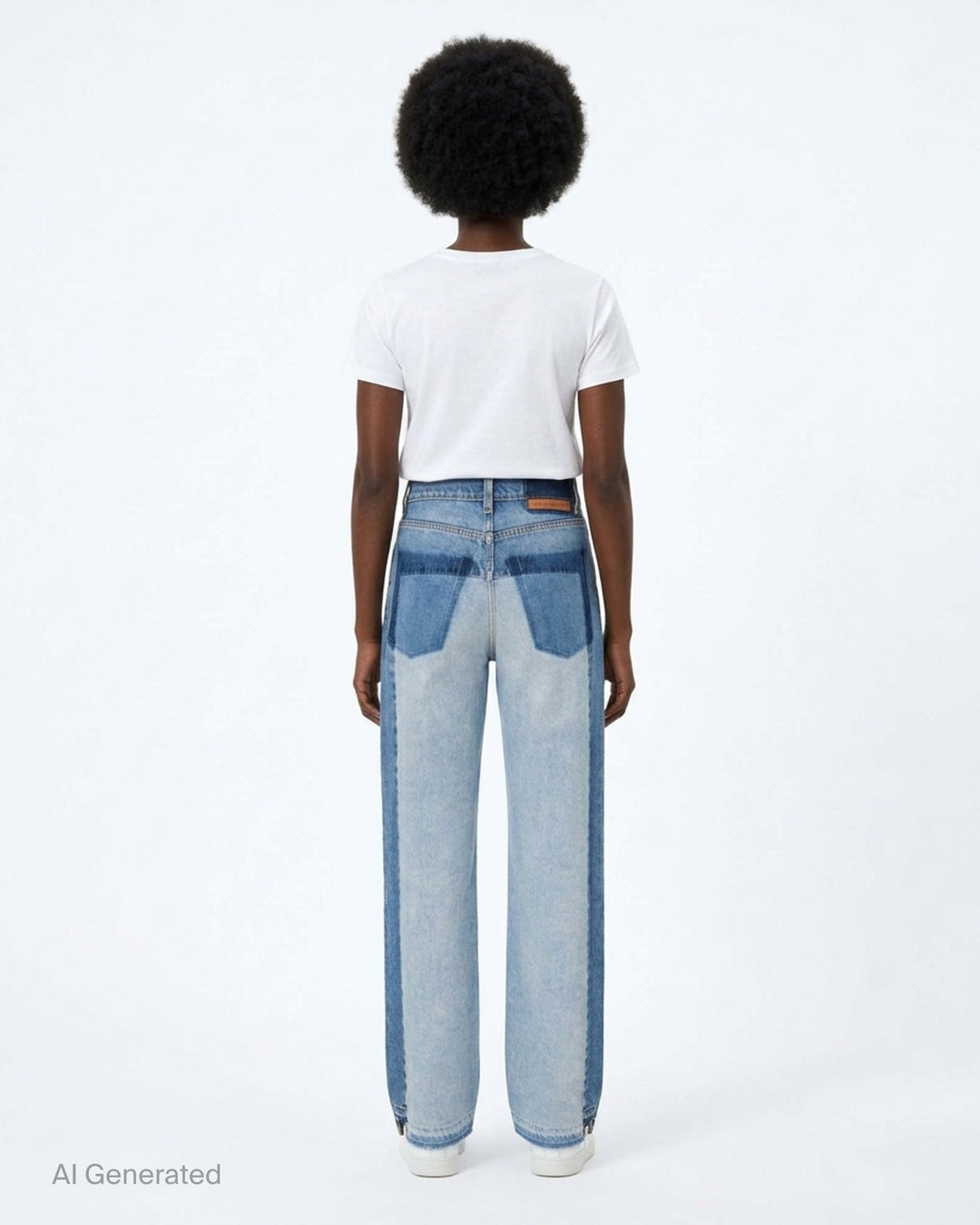 Stella McCartney Patchwork Straight Jeans in medium blue wash, featuring contrast lighter-wash denim panels at the thighs, high-rise waist, wide-leg silhouette, and raw-edge frayed hems - back